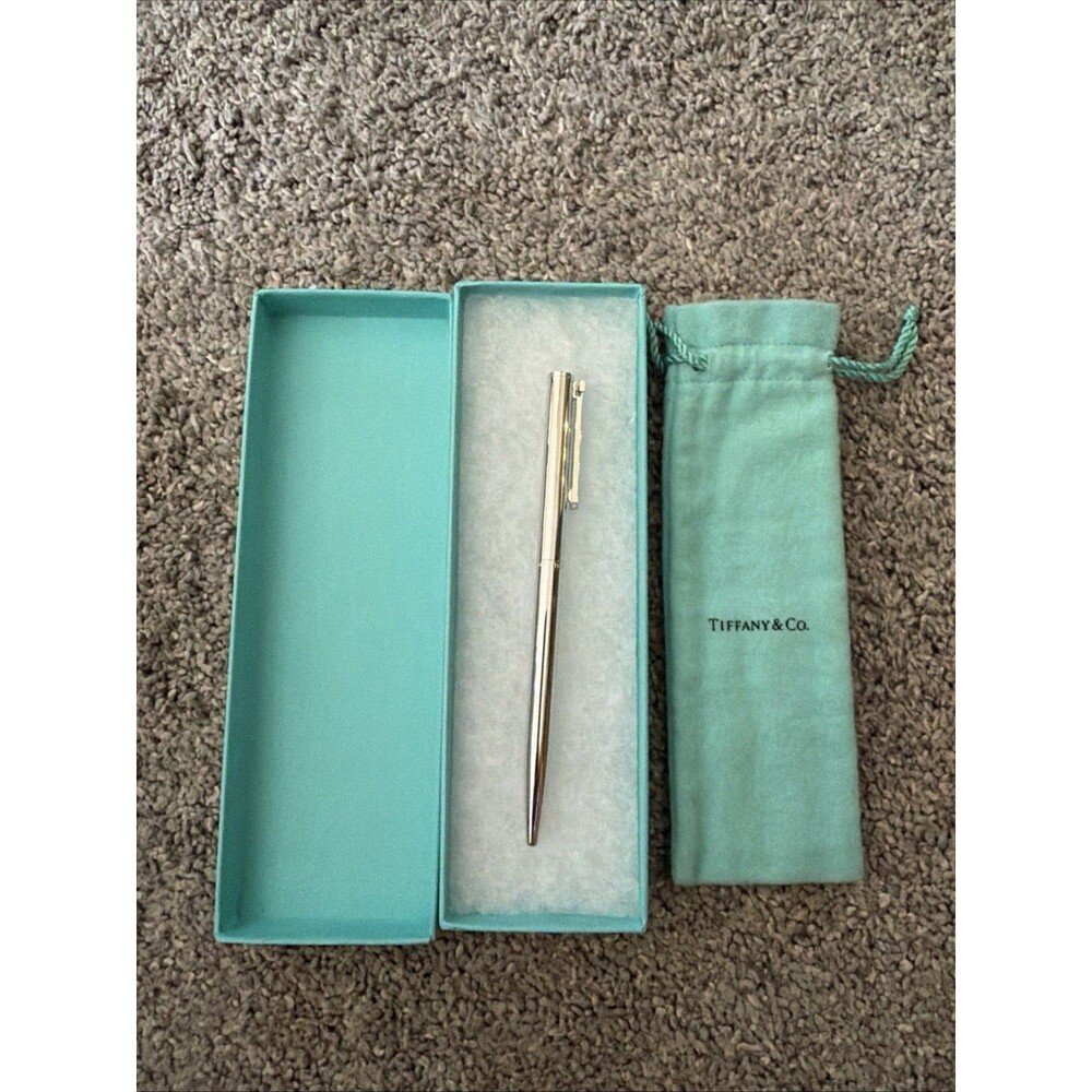 Vintage Tiffany & Co Sterling Silver 925 Ballpoint Pen Blue Box Draw String Bag